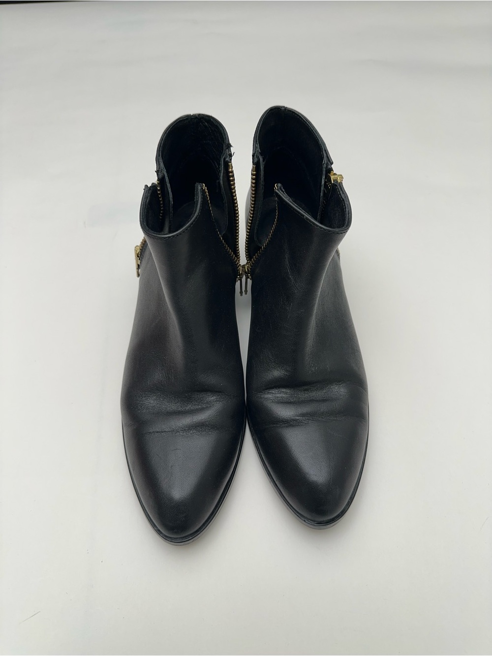 J crew sleek Black Leather Double Zip Ankle Boots Gold Hardware Block Heel